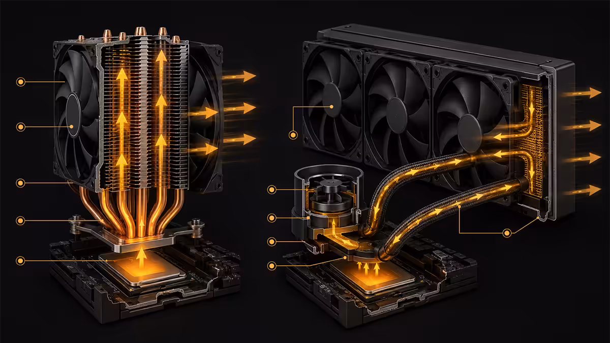 Air cooler vs AIO heat-path diagram