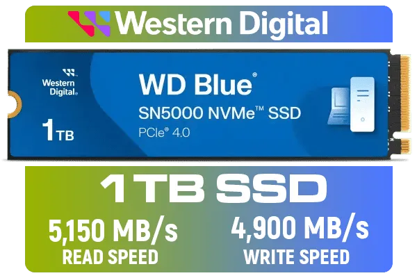 Western Digital 1TB WD Blue SN5000 NVMe Internal Solid State Drive SSD - PCIe Gen 4.0, M.2 2280, Up to 5,150 MB/s / WDS100T4B0E