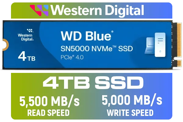 Western Digital 4TB WD Blue SN5000 NVMe Internal Solid State Drive SSD - PCIe Gen 4.0, M.2 2280, Up to 5,500 MB/s / WDS400T4B0E