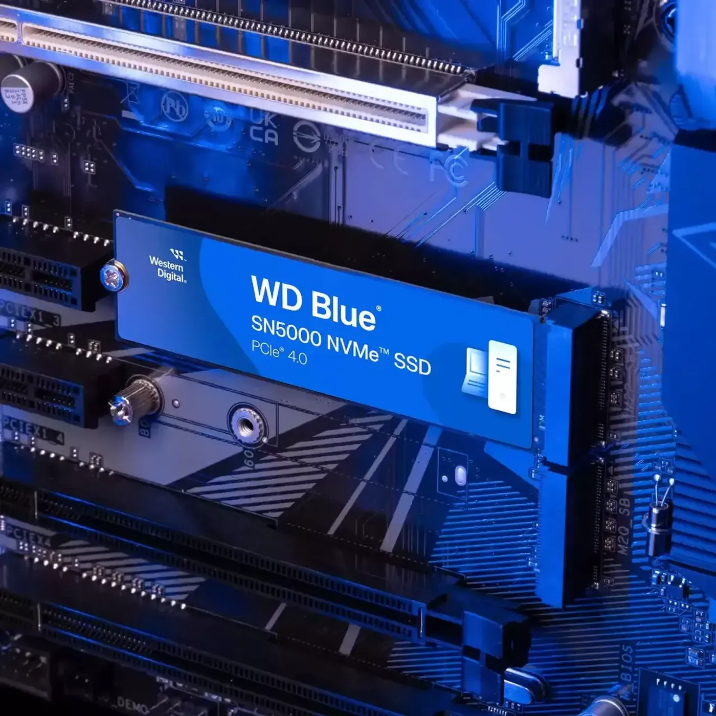 WD Blue SN5000 4TB NVMe SSD fitted into an M.2 slot on a motherboard