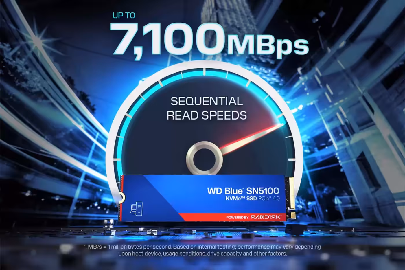 WD Blue SN5100 NVMe SSD showcasing 7100 MB/s PCIe Gen 4.0 read speeds