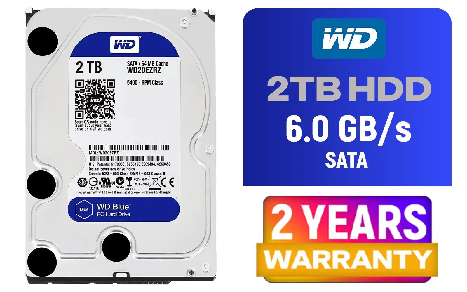 Western Digital Blue WD20EZRZ 2TB HDD — SATA 6Gb/s, 256MB Cache