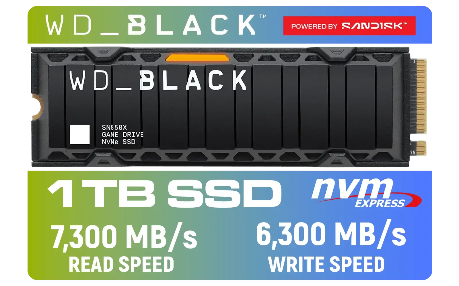 Western Digital SN850X 1TB NVMe Internal Solid State Drive with Heatsink / Heatsink for Peak Thermal Performance / Overhead Balancing / Adaptive Thermal Management / Up to 7300MB/s Read Speed / Up to 6300MB/s Write Speed / PCIe Gen 4 / WDS100T2XHE