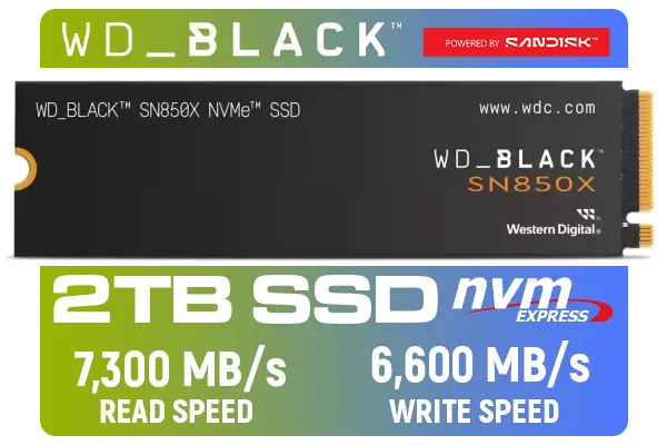 Western Digital SN850X NVMe Internal Solid State Drive - 2TB / Sequential Read, Write Performance - 7300MB/s, 6600MB/s / PCIe Gen 4 / WDS200T2X0E