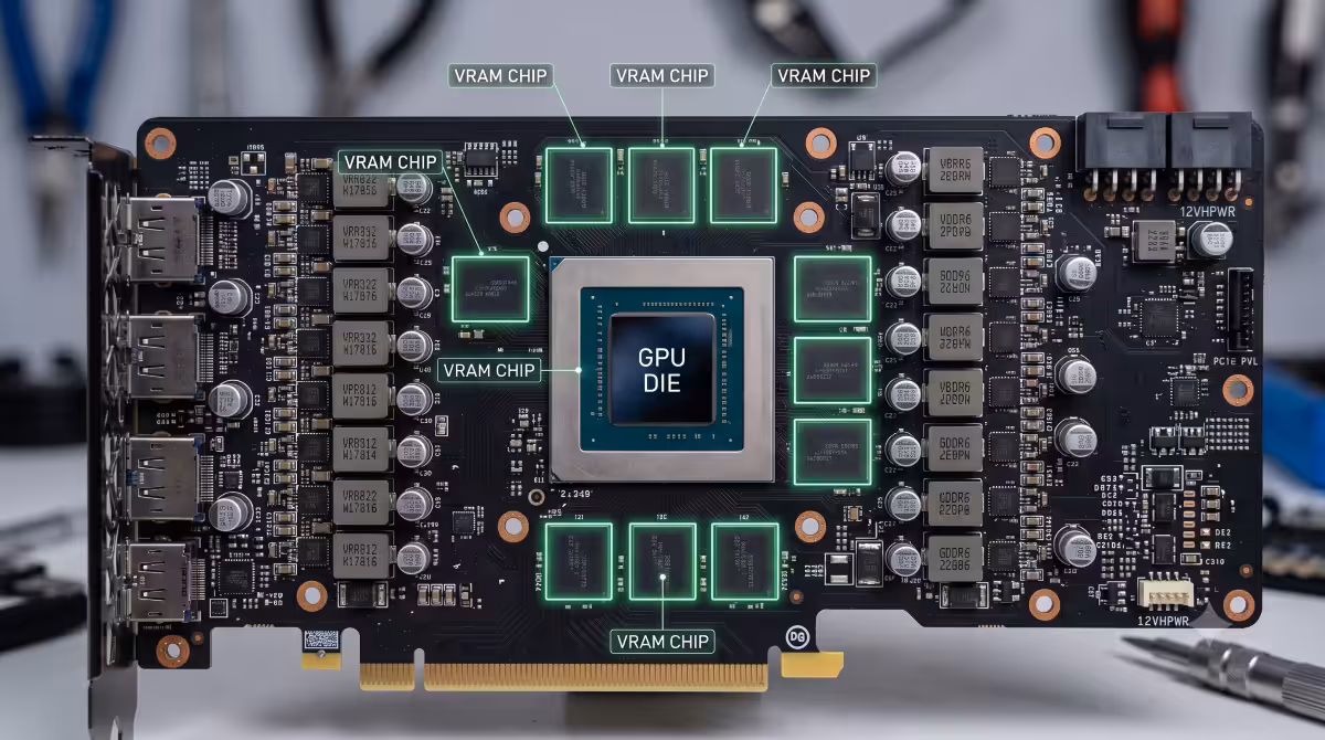 GPU PCB top-down with VRAM chips highlighted