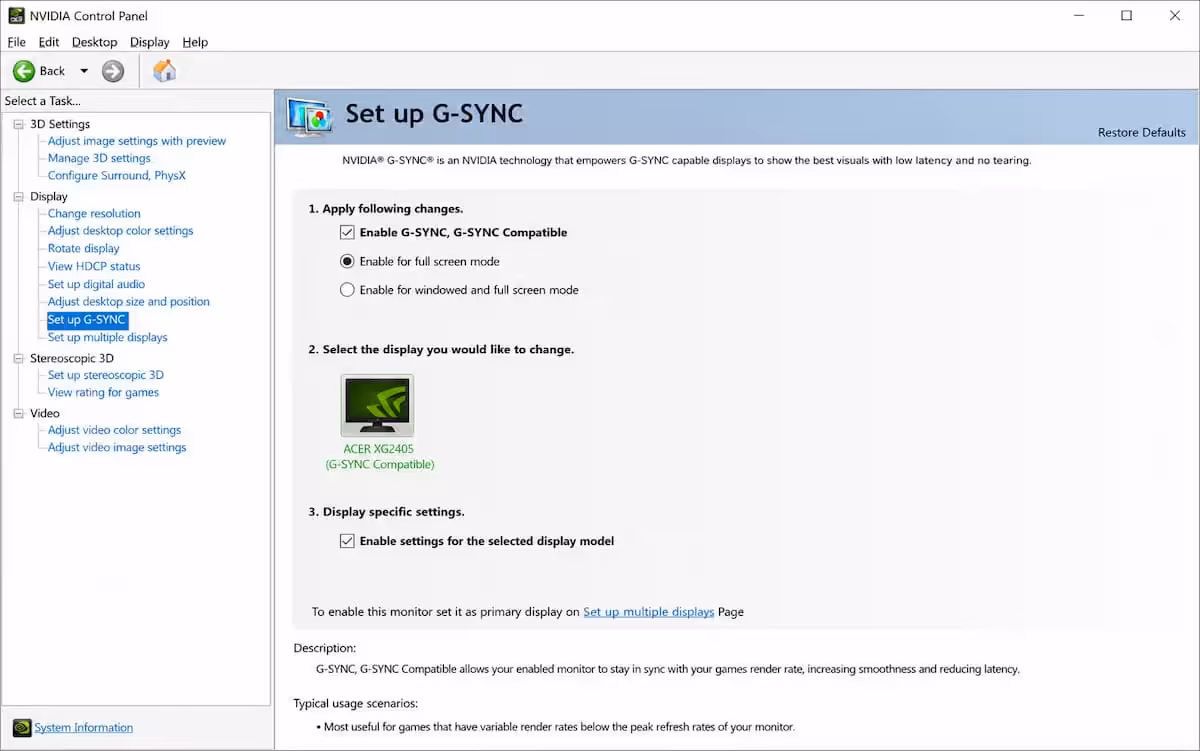 NVIDIA Control Panel · G-Sync setup
