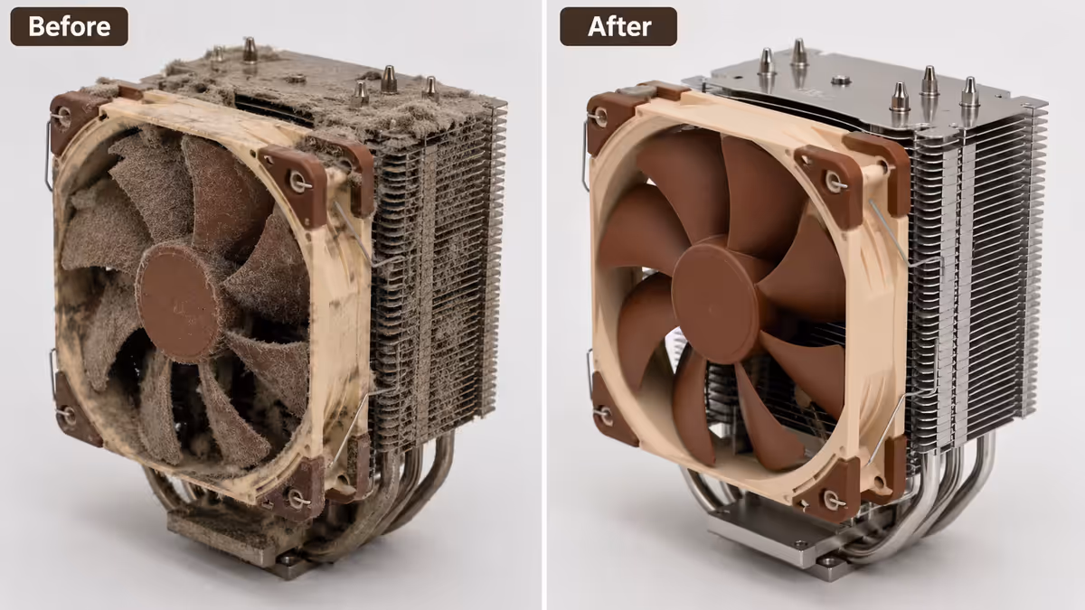 Dust-clogged CPU heatsink before/after