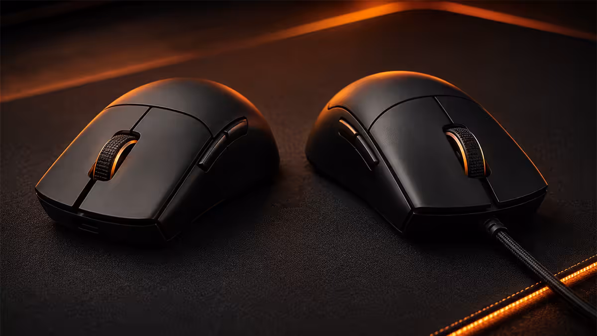 Wireless and wired gaming mice side by side