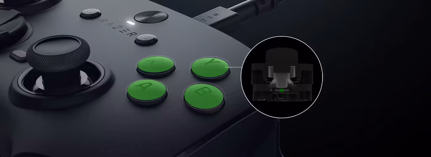 Gaming controller featuring four green action buttons and an 8-way floating D-pad.