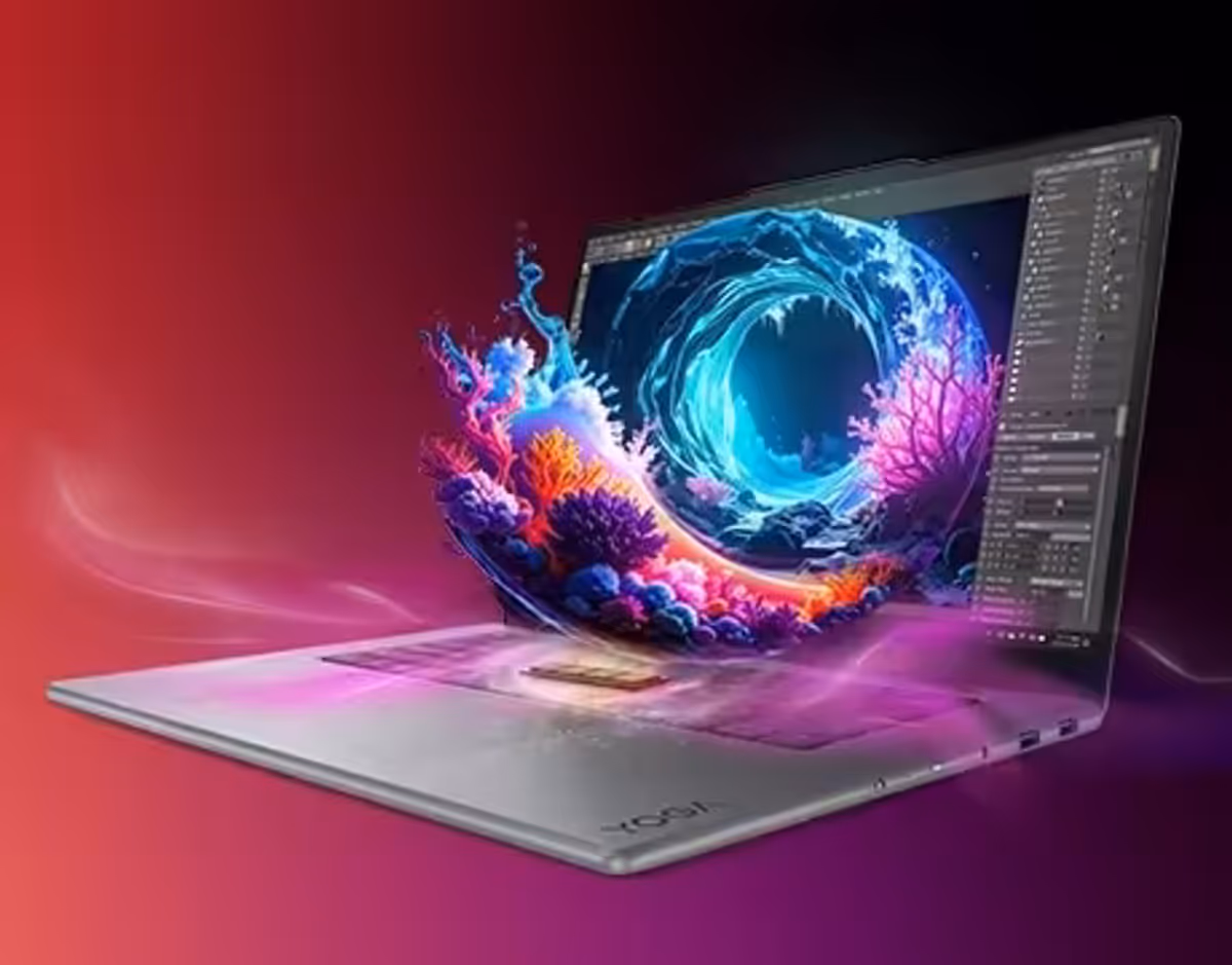 Front right view of the Lenovo Yoga Pro 7i Aura Edition (15” Intel) with a colorful plant-like shapes emerging from the display.