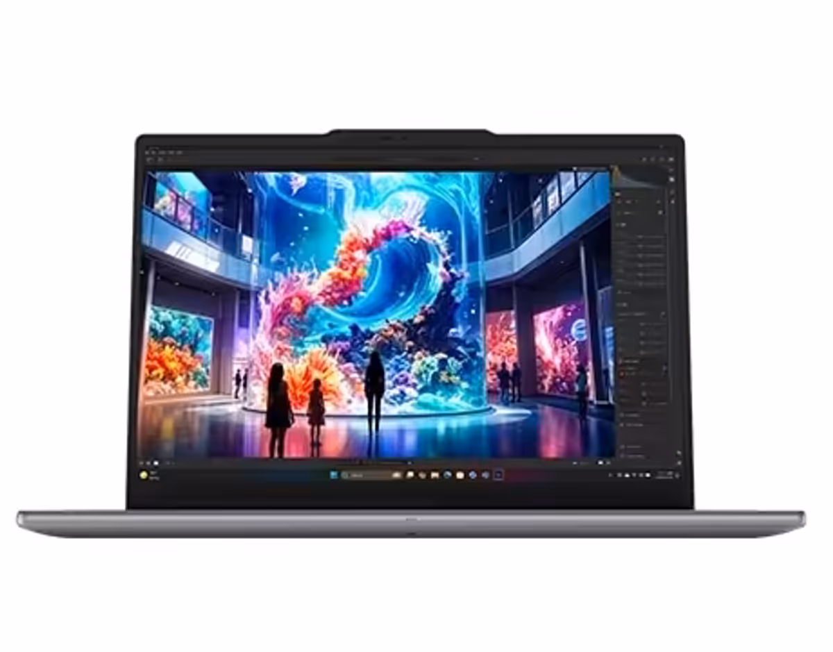 Front view of the Lenovo Yoga Pro 7i Gen 11 Aura Edition (15” Intel) with human figures silhouetted against swirling shapes.