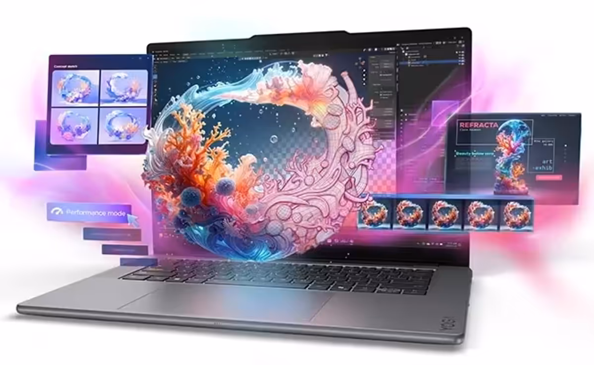 Front view of the Lenovo Yoga Pro 7i Gen 11 Aura Edition (15” Intel) with app interfaces, on reading Performance Mode, hovering around the display.