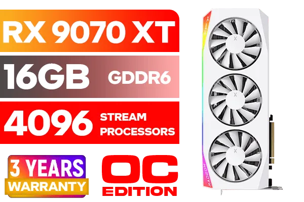 XFX Mercury AMD Radeon RX 9070 XT OC Magnetic Air Edition Graphics Card - White / 4096 Stream Processors / 256-bit Memory Interface / Boost Clock : 3100 MHz / AMD RDNA™ 4 Architecture / RX-97TMARGW9