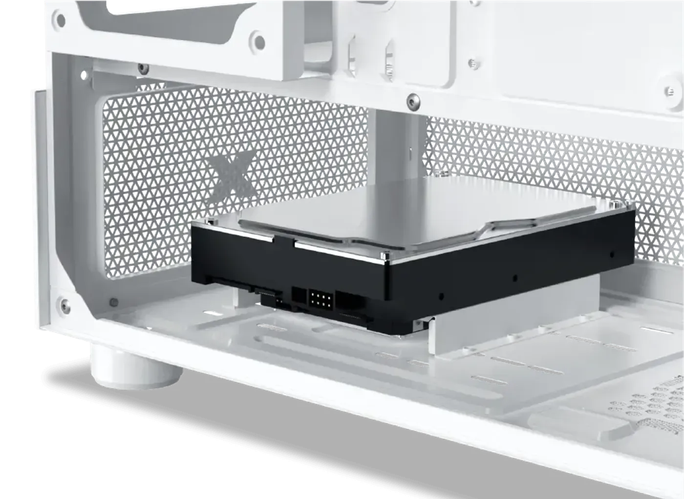 Hard drive and SSD cage positions inside the Alphard M Arctic case