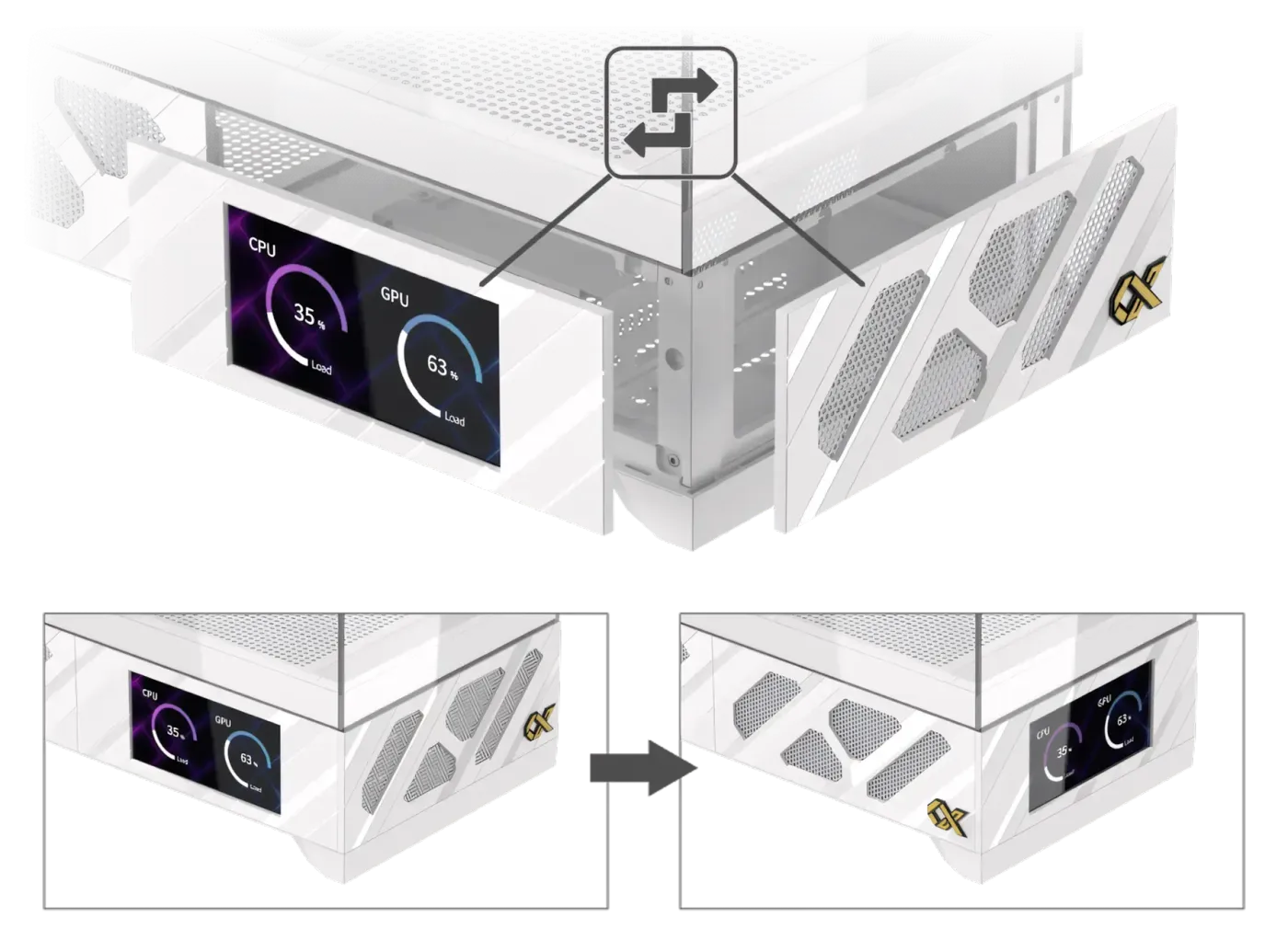 Component demonstrating magnetic interchangeable front or side display position