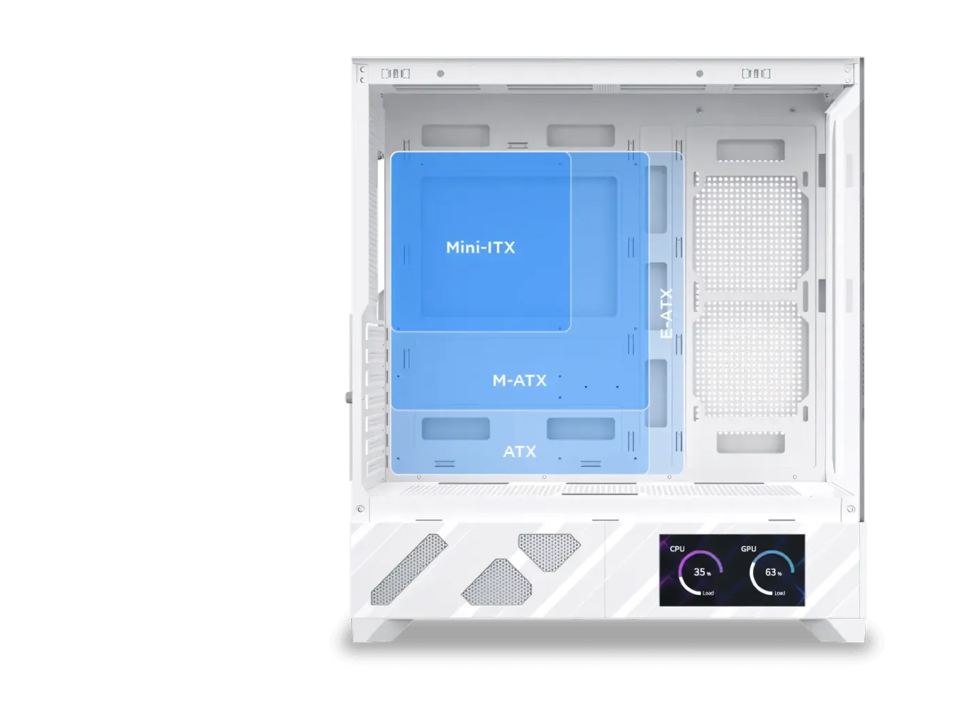 Diagram illustrating compatible motherboard sizes within the chassis