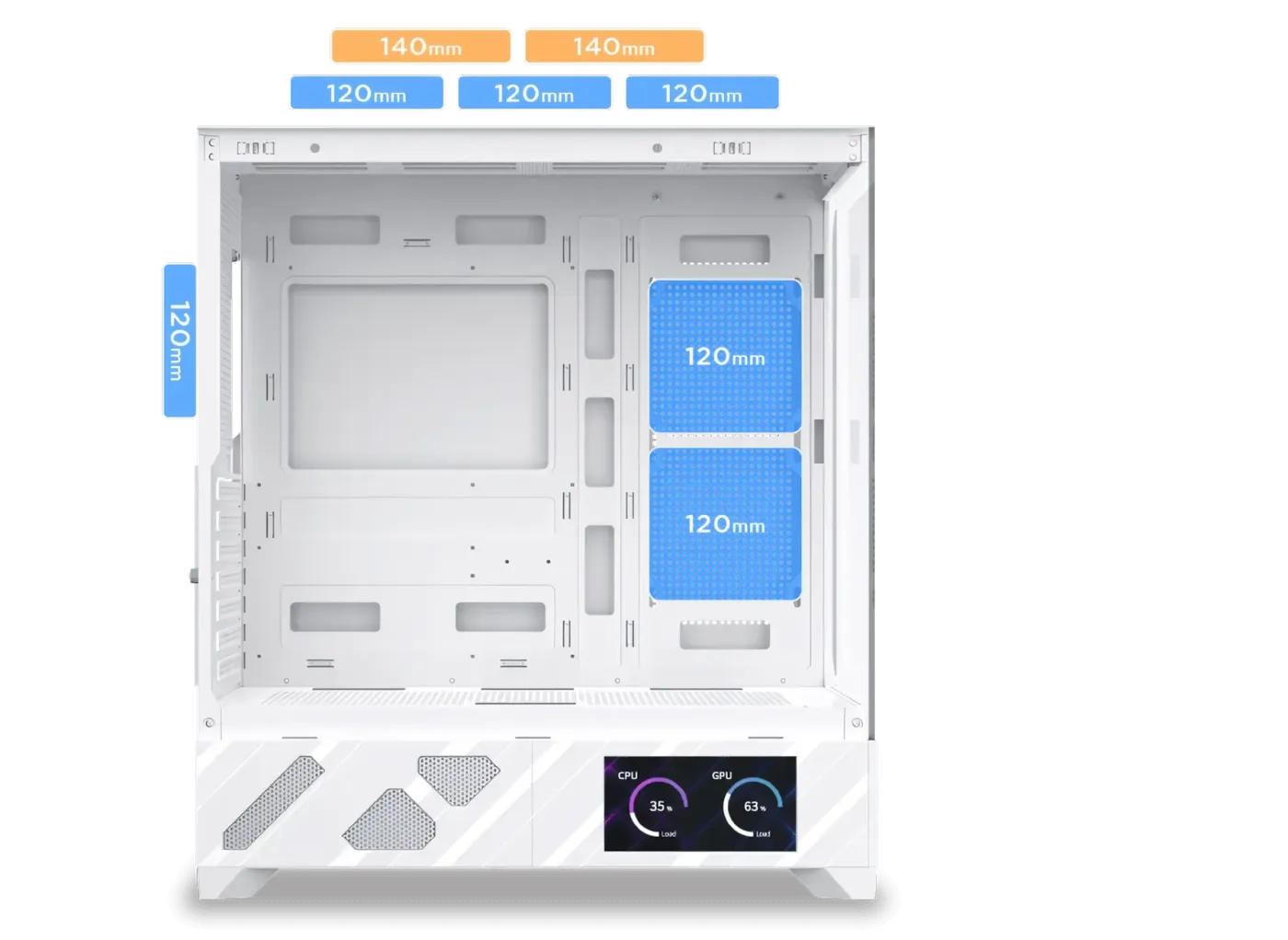Image highlighting the locations and sizes for fan support within the case