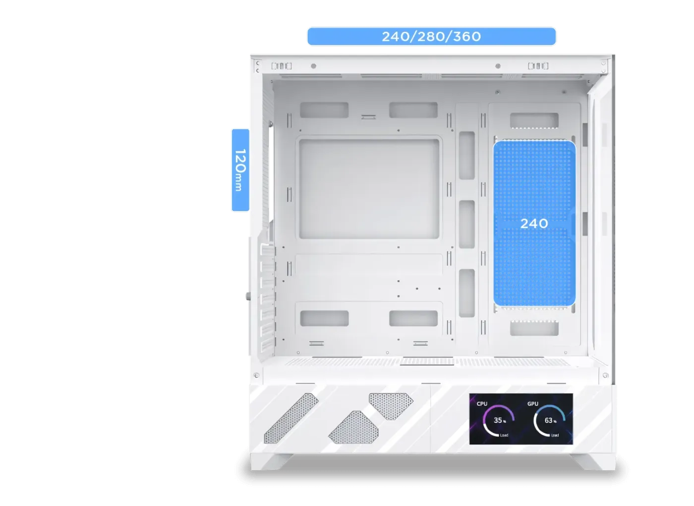 Diagram showing the supported liquid cooling radiator sizes and placements
