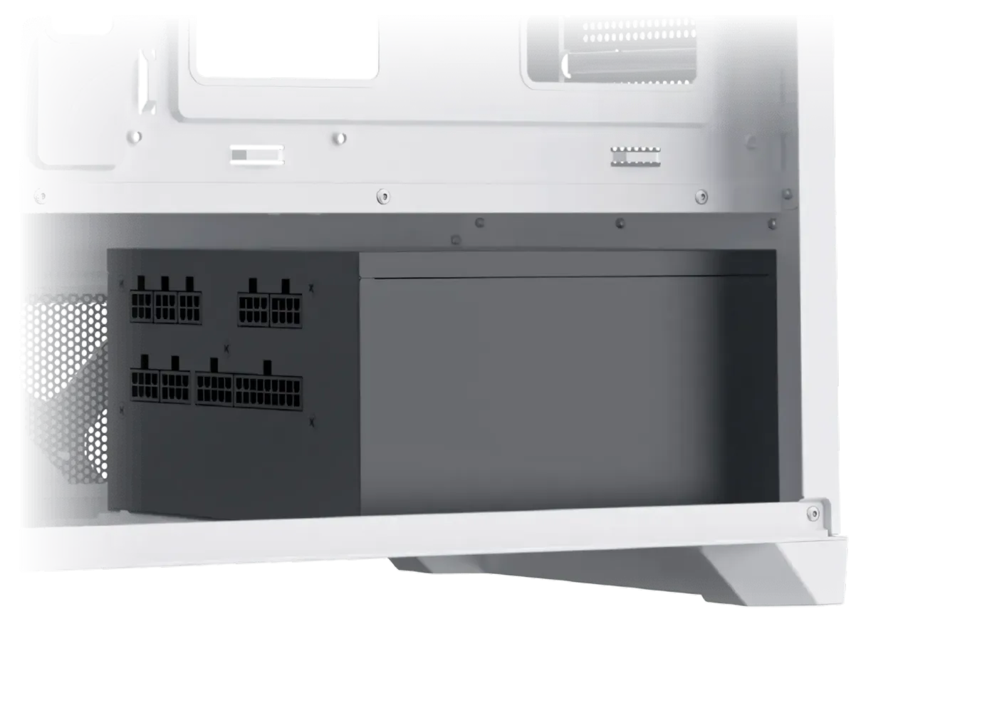 Internal view showing the space allocated for a power supply unit up to 220mm