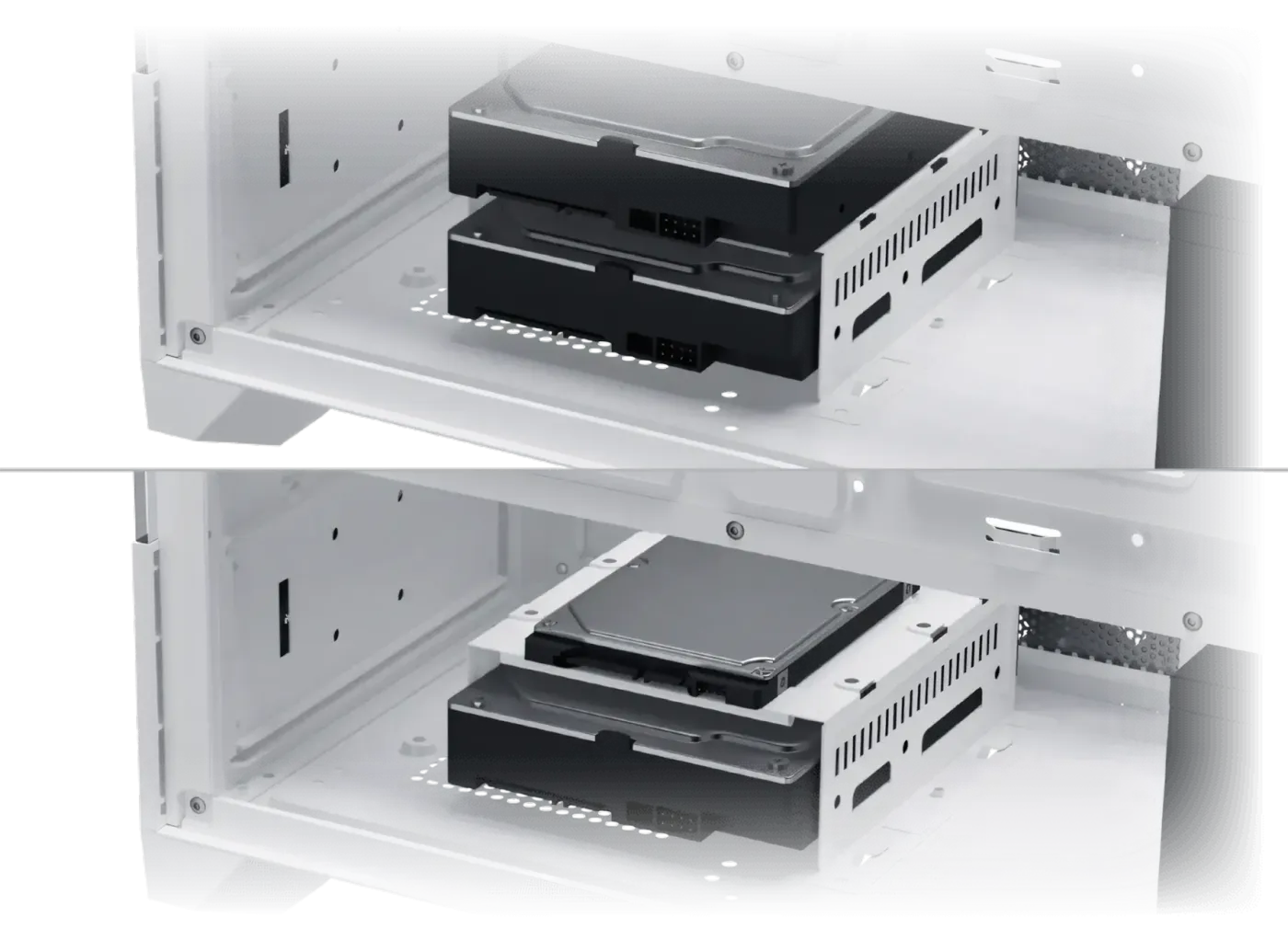Illustration of the top and bottom HDD drive cage locations and sizes