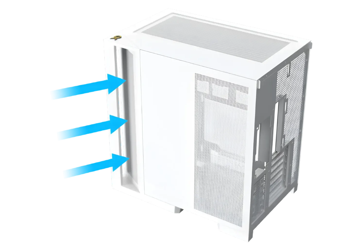 Internal view showing the airflow-optimized layout with angled front-right fan positions