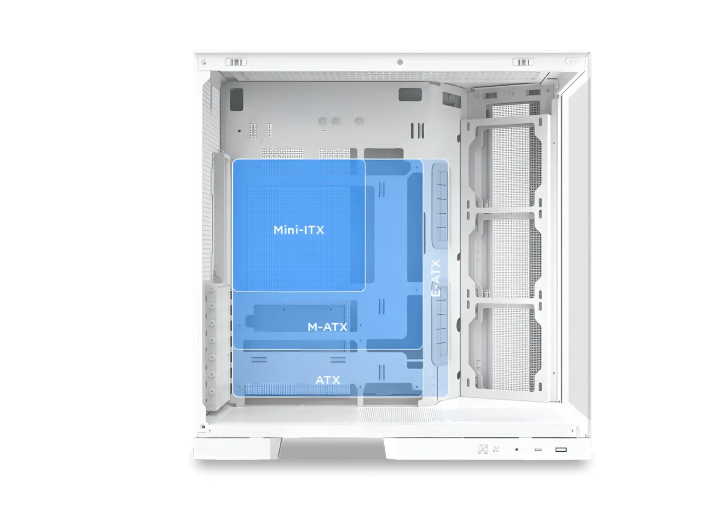 Diagram showing support for E-ATX, ATX, M-ATX, and Mini-ITX motherboards including Back Plug support