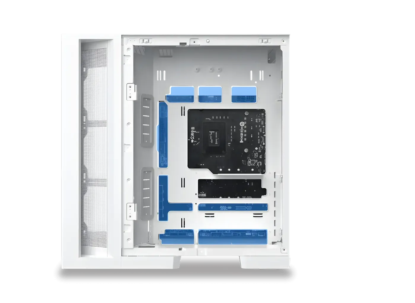 Close-up view of the chassis designed for ATX and M-ATX motherboards with rear plug connectivity