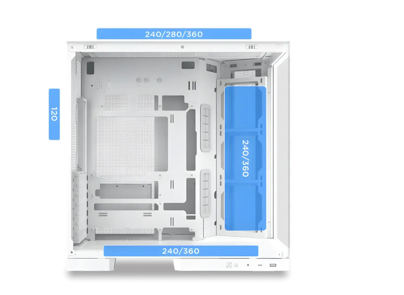 Diagram showing compatible liquid cooling radiator sizes for the top, side, bottom, and rear