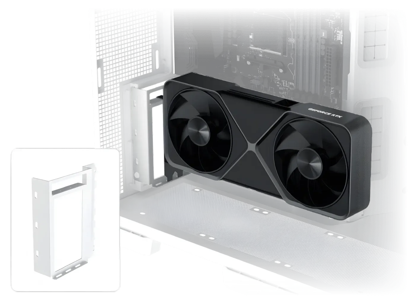 Illustration showing the vertical GPU bracket and mounting orientation inside the case