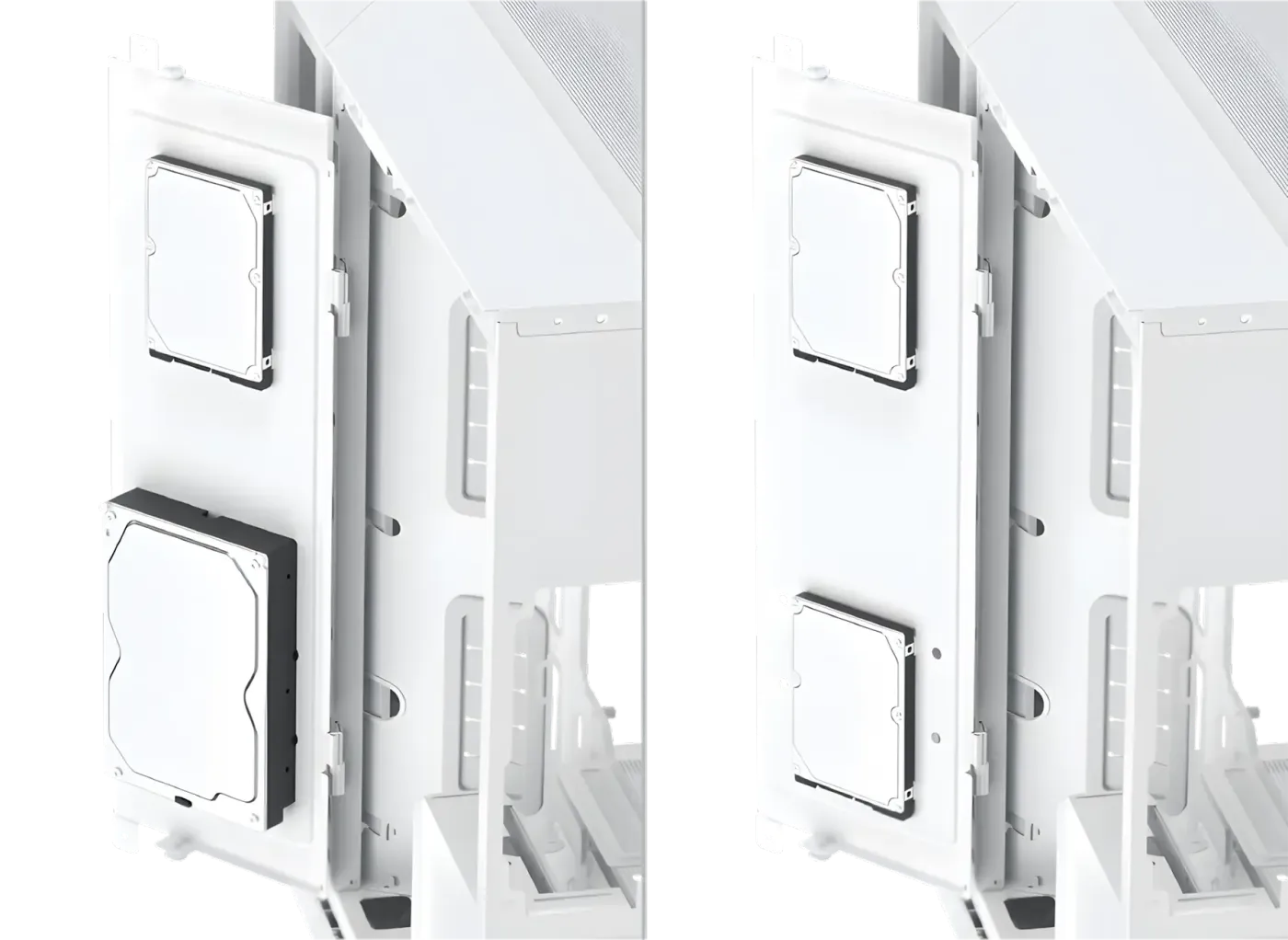 Illustration showing the dedicated HDD drive cage for two 3.5 inch combo drives