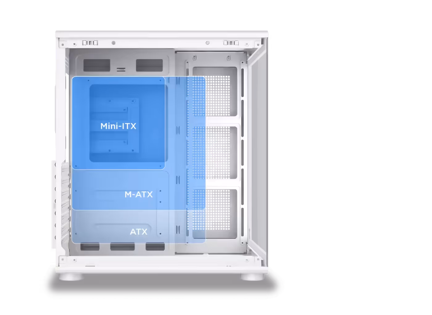 Internal chassis view illustrating the support area for ATX sized motherboards