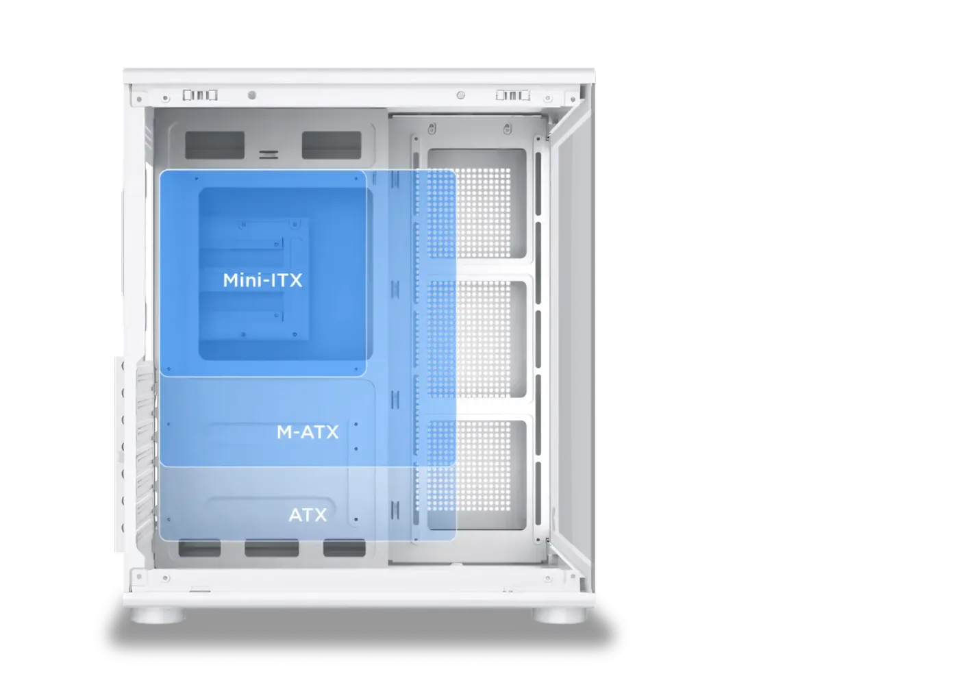 Internal chassis view illustrating the support area for ATX sized motherboards