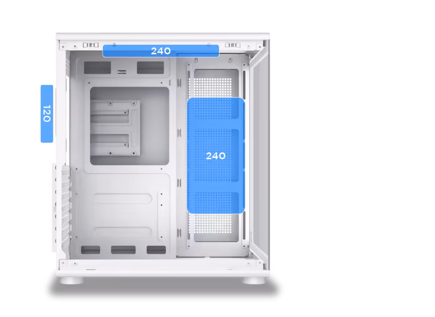 Image showing radiator support locations (Top, MB, Rear) and the maximum 240mm size supported