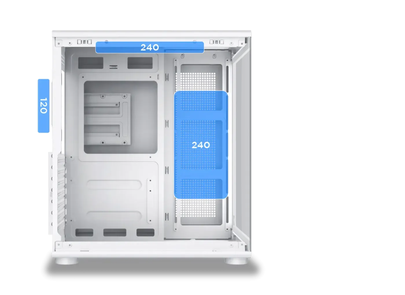 Image showing radiator support locations (Top, MB, Rear) and the maximum 240mm size supported