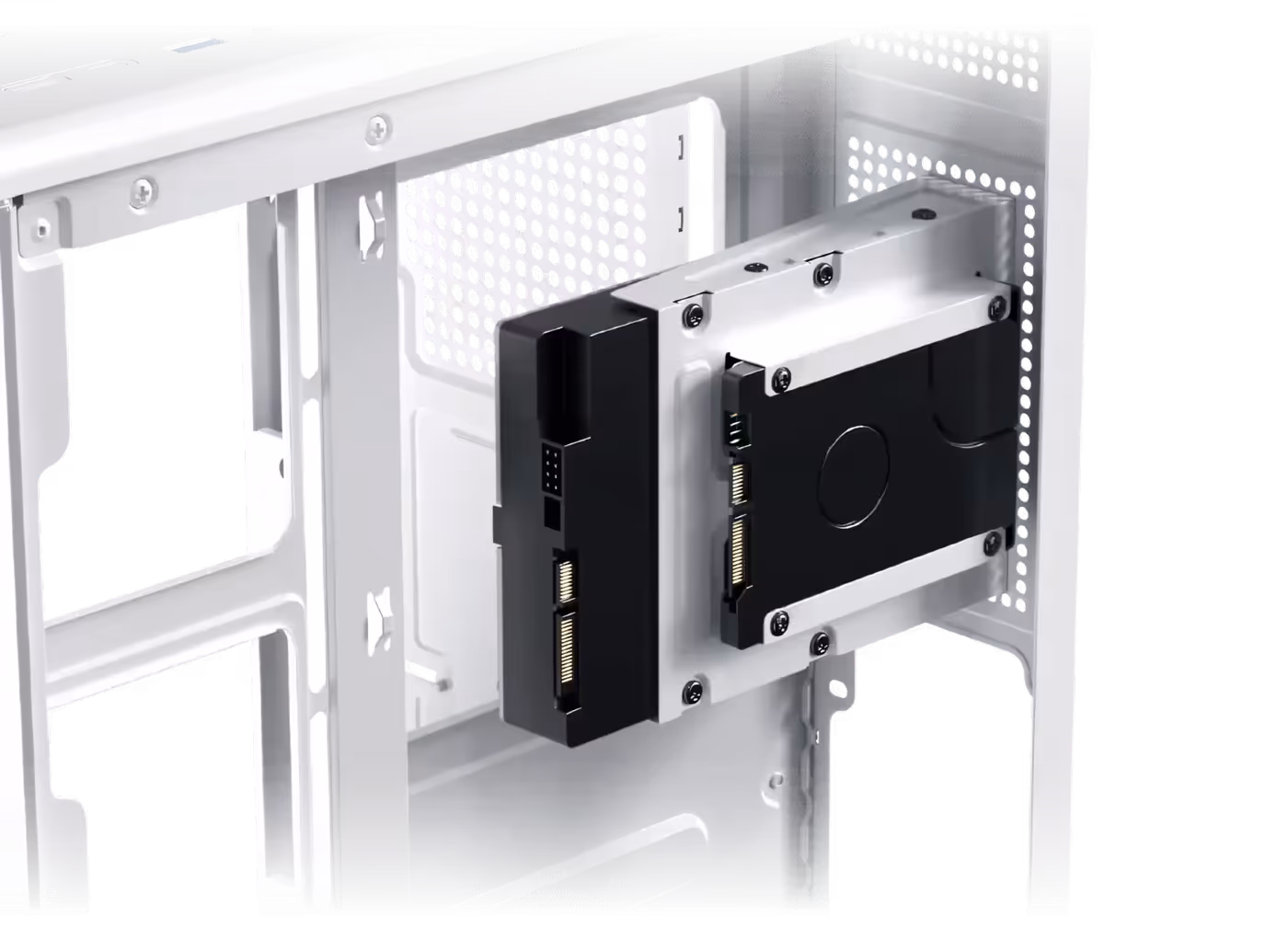 Image showing the internal drive cage bracket supporting one 3.5-inch and one 2.5-inch storage drive