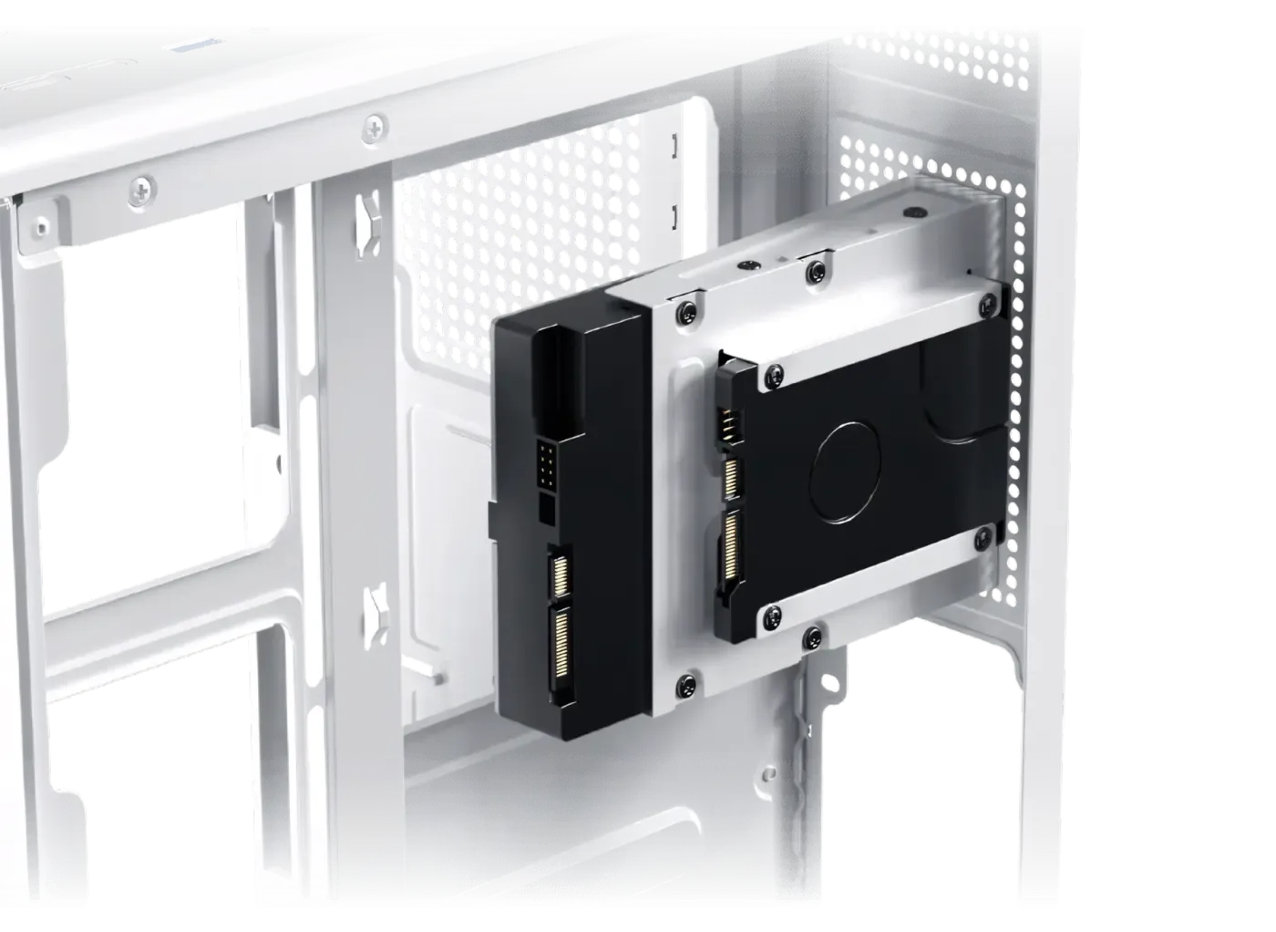 Image showing the internal drive cage bracket supporting one 3.5-inch and one 2.5-inch storage drive