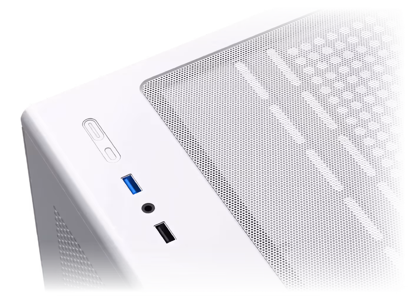 Close-up image of the chassis top I/O panel featuring power buttons and USB ports