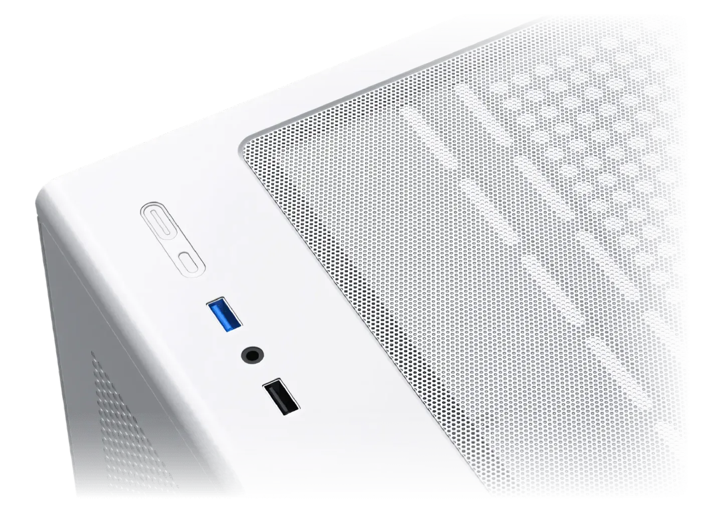 Close-up image of the chassis top I/O panel featuring power buttons and USB ports