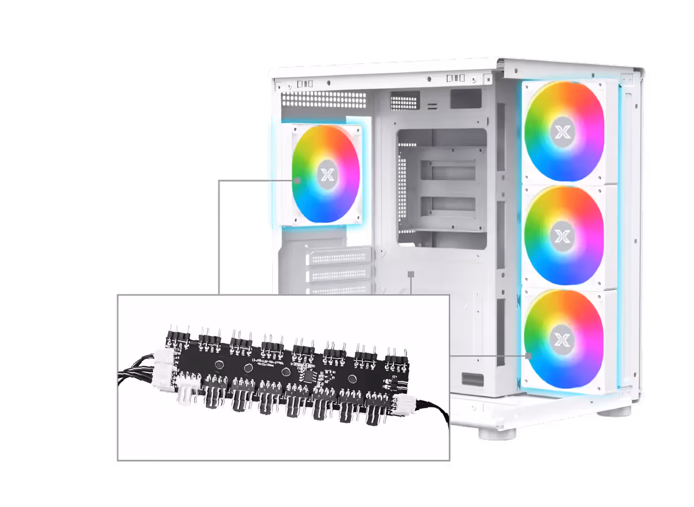 Image of the ARGB and PWM PCB control board with 8+8 ports for lighting and fan management