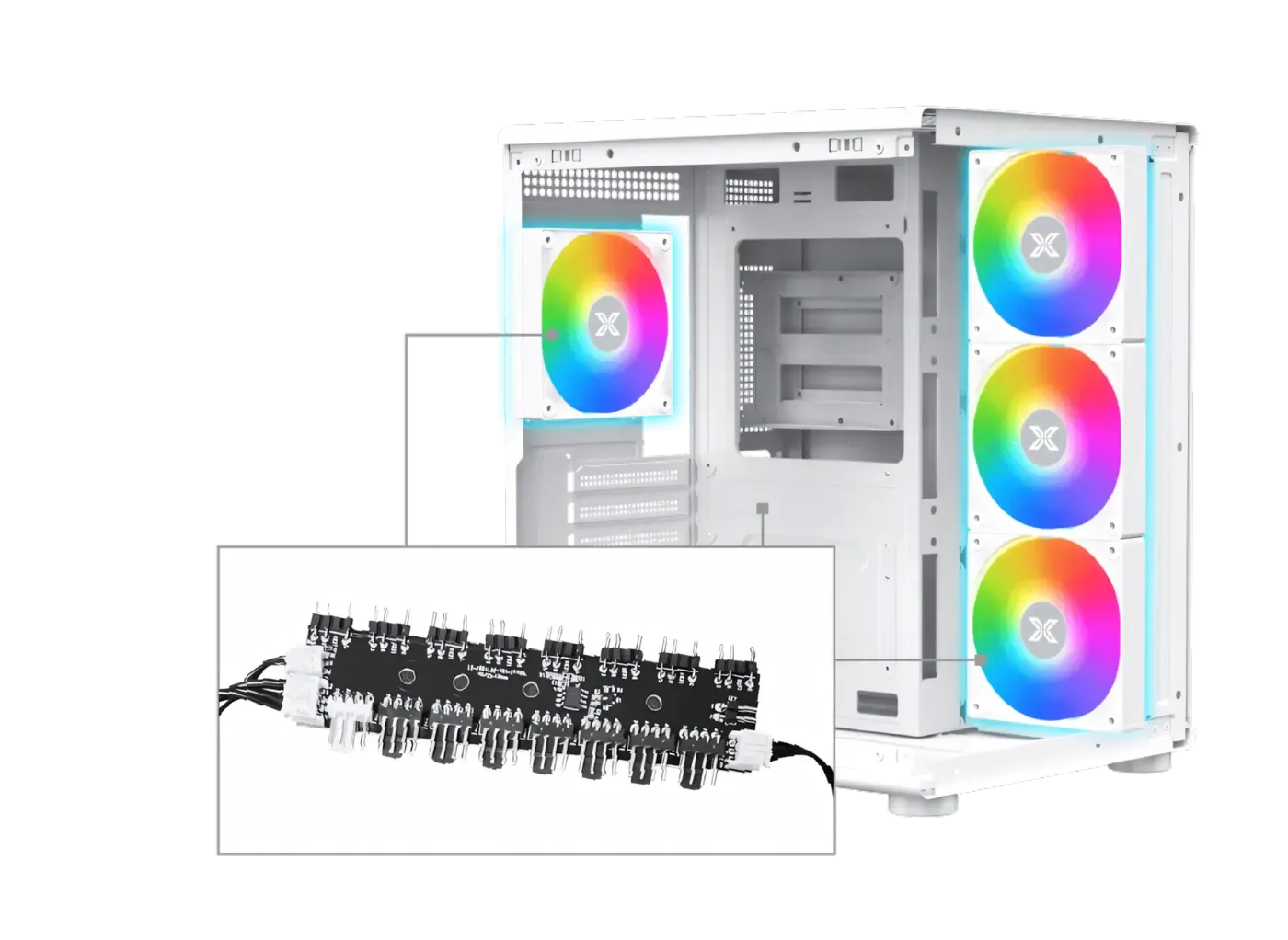 Image of the ARGB and PWM PCB control board with 8+8 ports for lighting and fan management