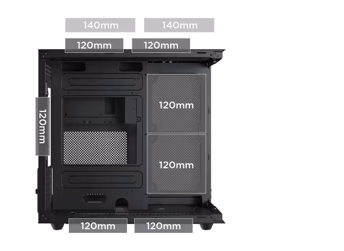 Fan mounting positions across the Xigmatek Aqua M Lite gaming case