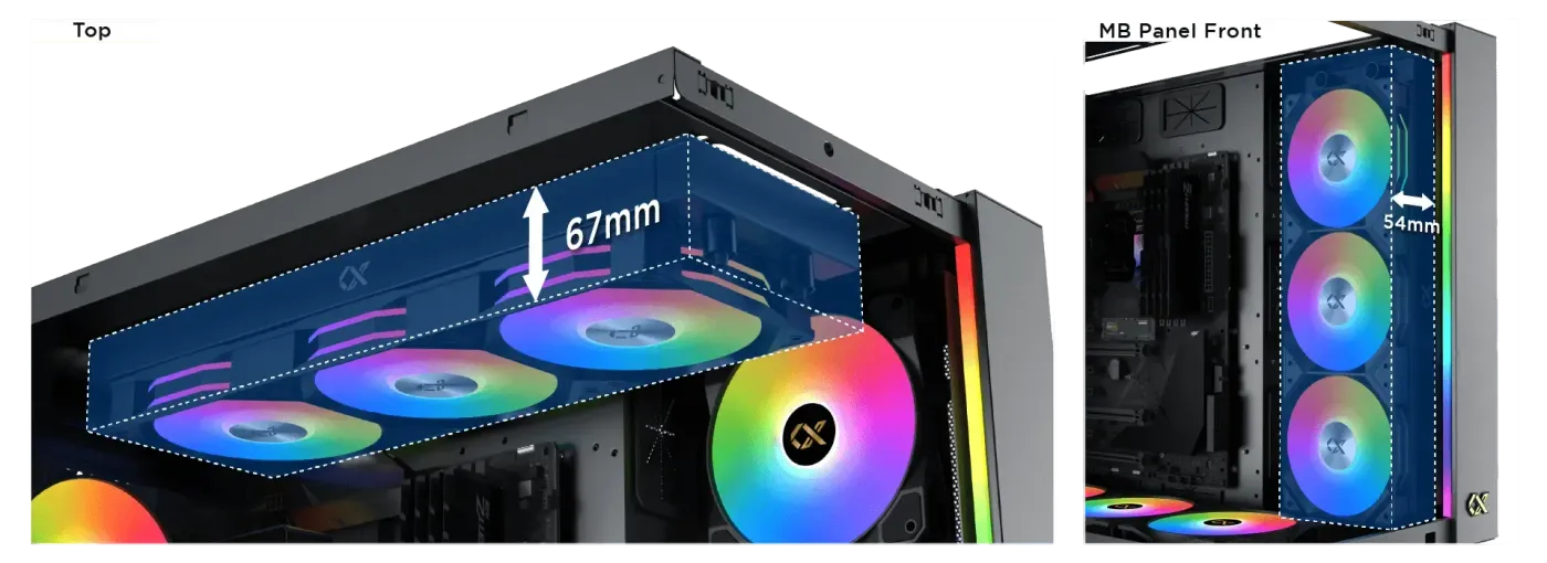 Full-height view of the black Xigmatek Aqua Ultra Air gaming case with its fans visible through the glass