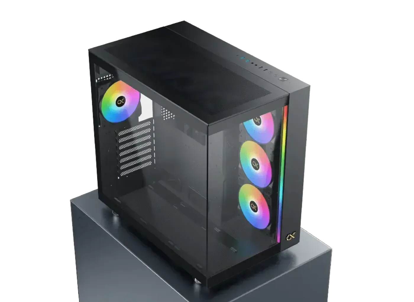 Two-piece tempered glass front and left panels on the black Aqua Ultra Air, lit by ARGB LEDs