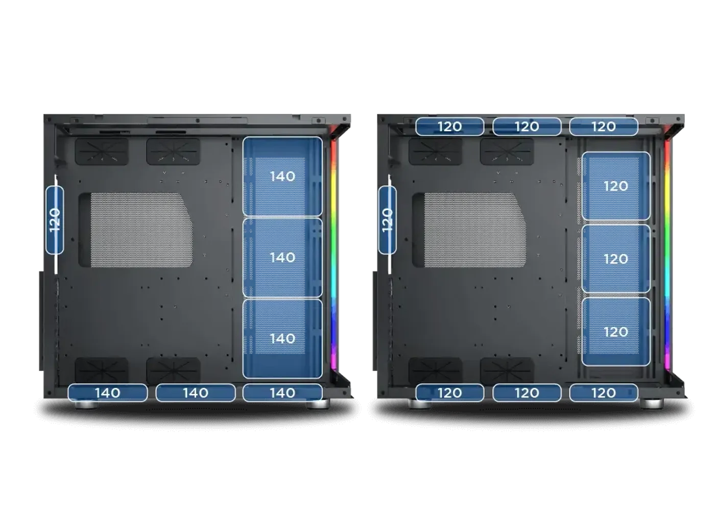 Diagram of the fan mounting positions across the top, motherboard side, bottom and rear of the case