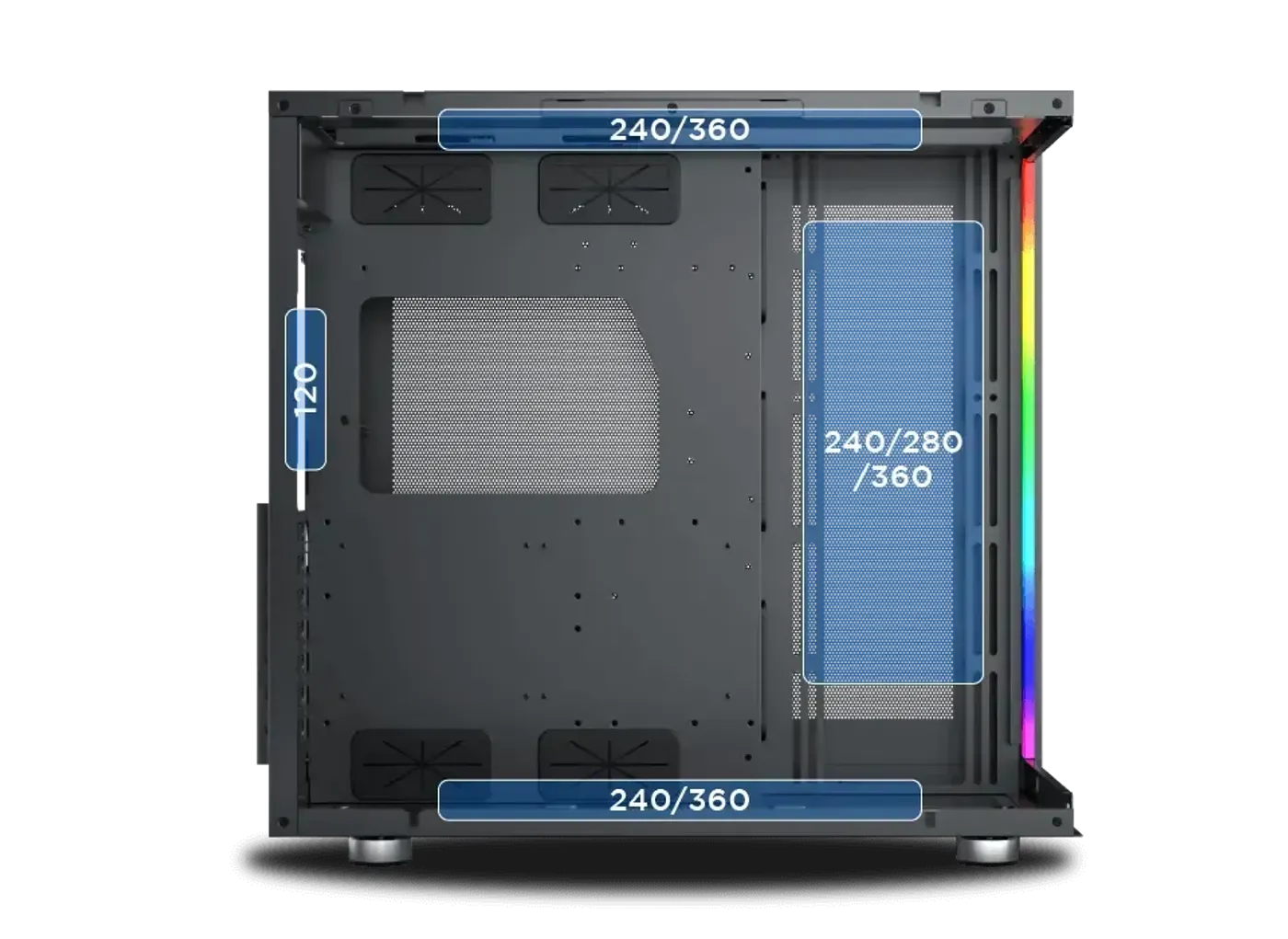 Radiator mounting positions and supported sizes shown inside the Aqua Ultra Air