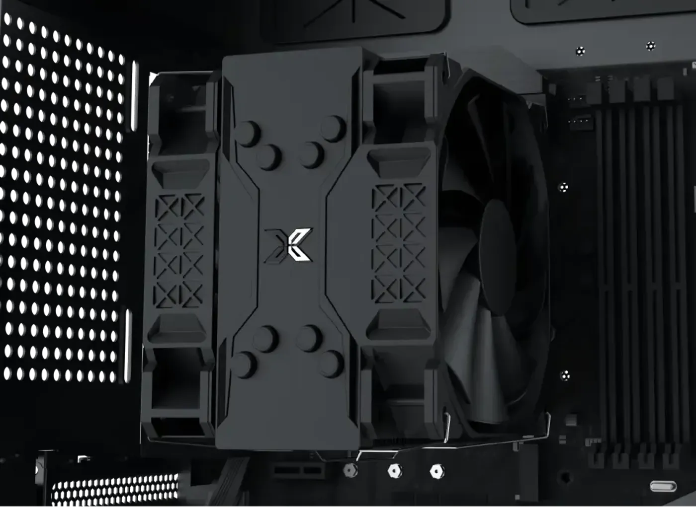 Measurement graphic showing 185mm of CPU cooler clearance inside the case