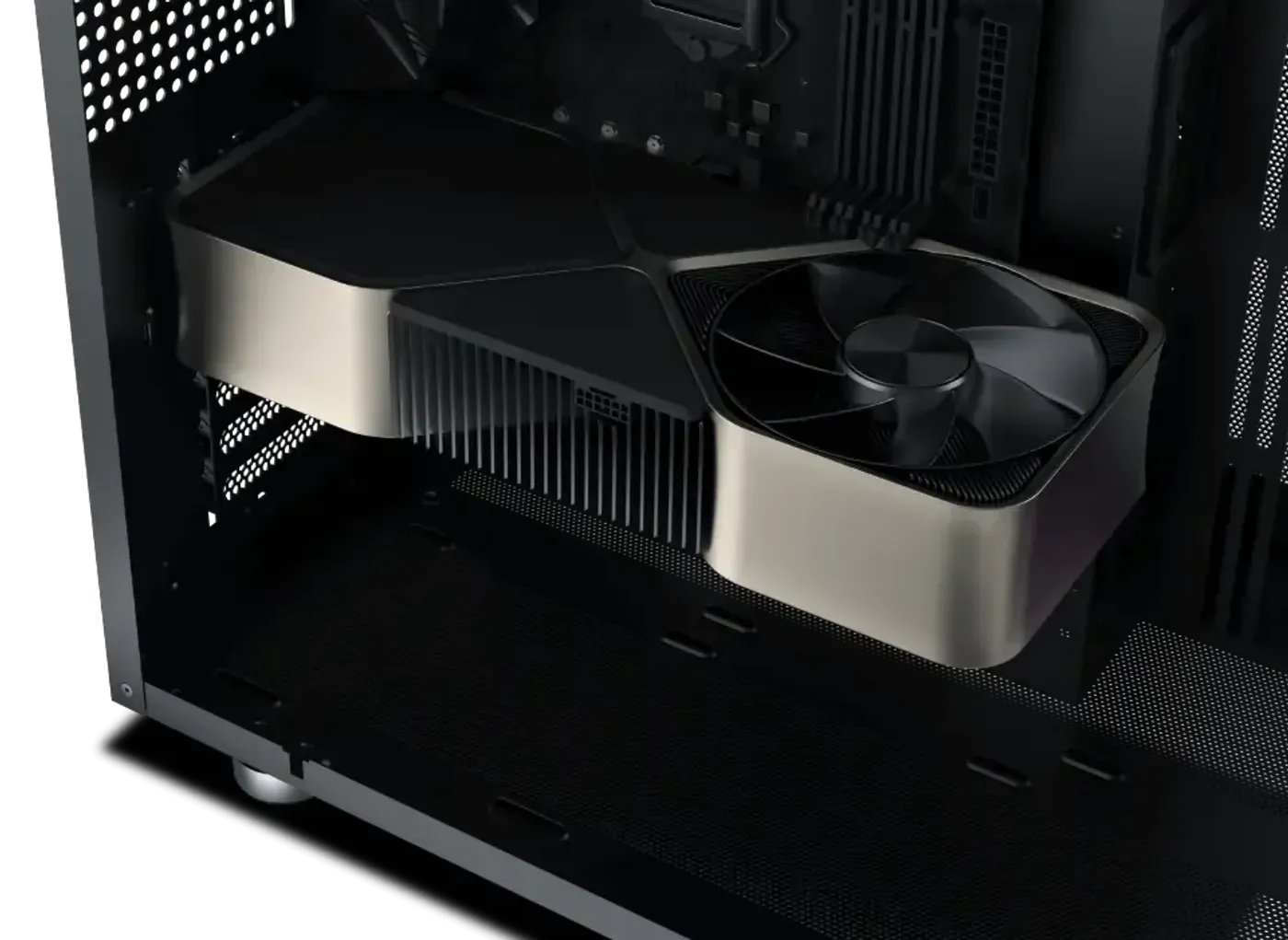 Measurement graphic showing 430mm of graphics card clearance inside the case
