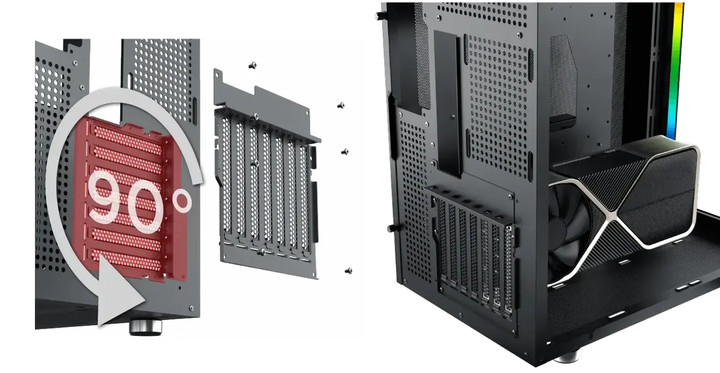 Graphics card mounted vertically to face the tempered glass side panel