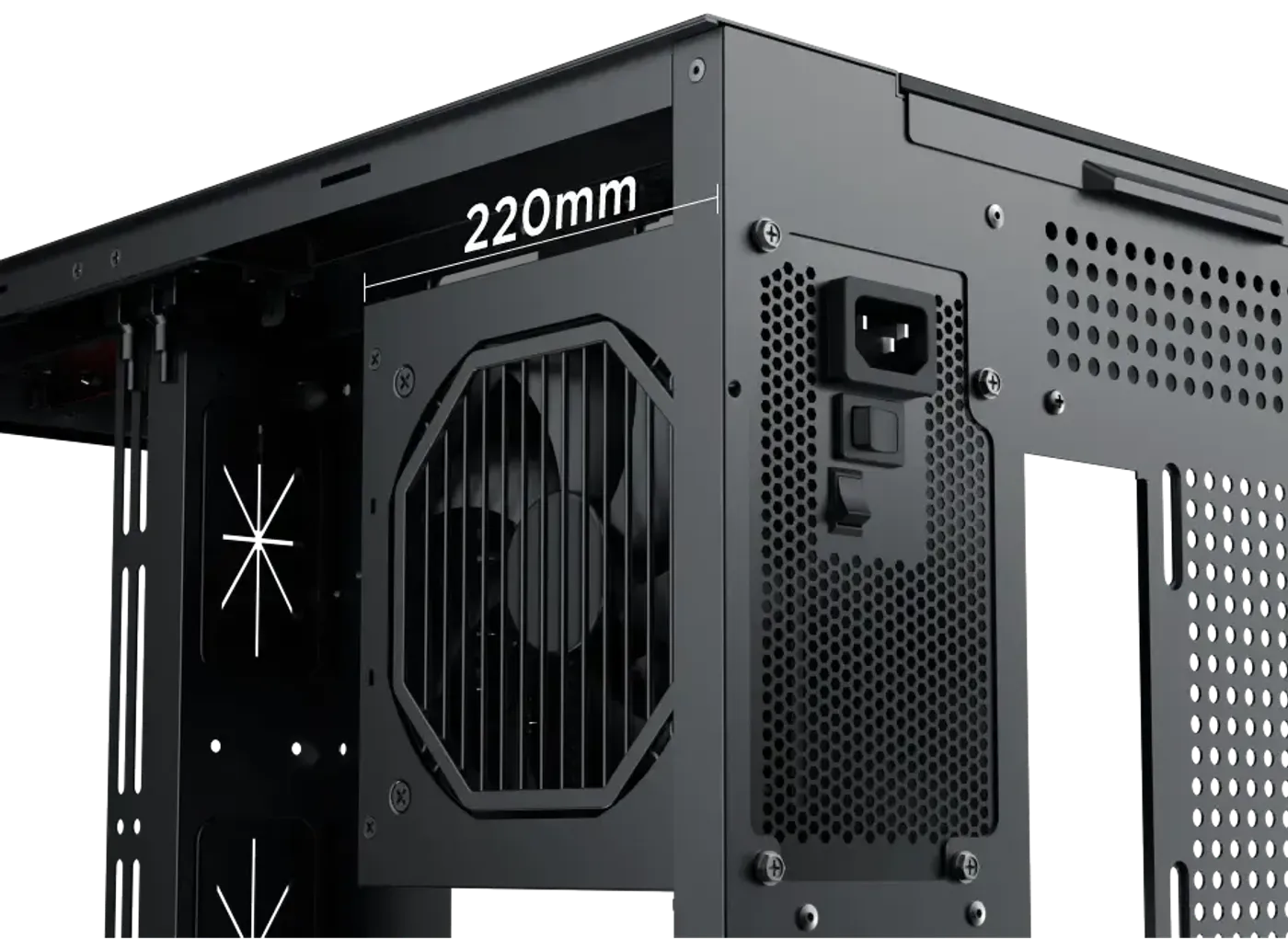 Measurement graphic showing 220mm of power supply length clearance
