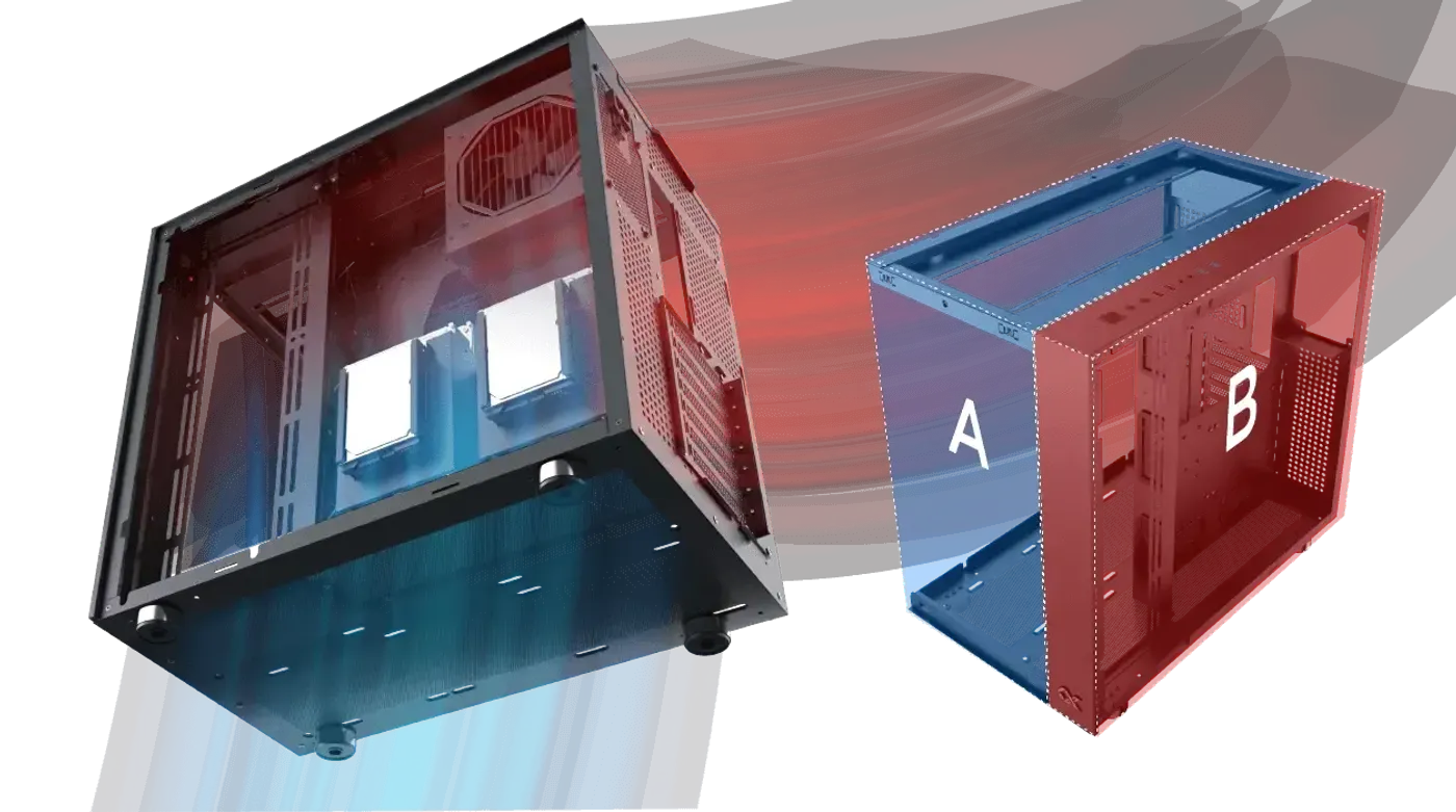 Cutaway of the dual chamber layout with the power supply in its own compartment